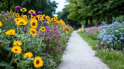 Bright and Colorful Flower Garden Along a Serene Pathway in Early Summer, Showcasing Vibrant Sunflowers and Delicate Purple Blossoms Amidst Lush Greenery
