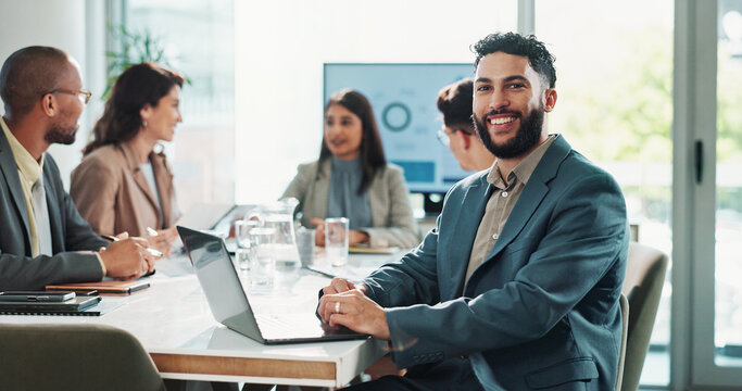 Businessman, portrait and laptop in meeting with website research, proposal and planning at finance job. Office, accountant or online bookkeeper with computer for company revenue, growth and news