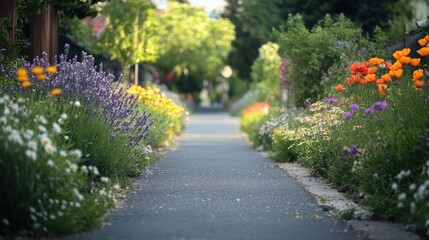 Obraz premium Serene Garden Pathway Surrounded by Colorful Flowers and Lush Greenery in a Tranquil Neighborhood Setting with a Gentle Spring Atmosphere
