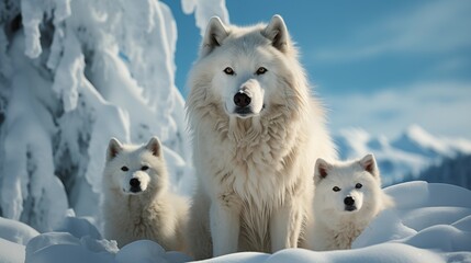 Fototapeta premium Alert wolves standing on snowy white winter landscape.