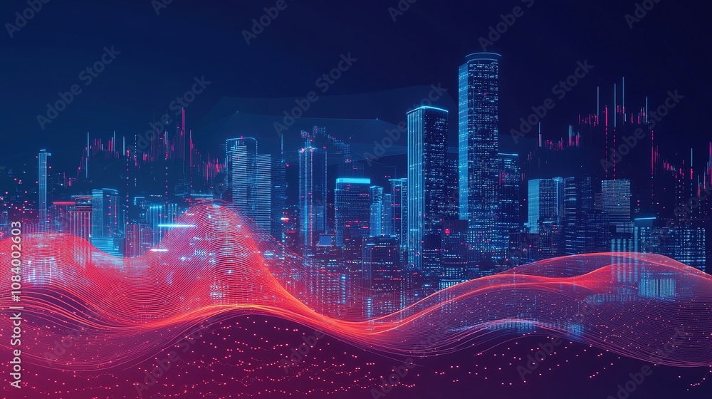 Poster abstract futuristic cityscape with colorful light waves and data visualizations illustrating modern 