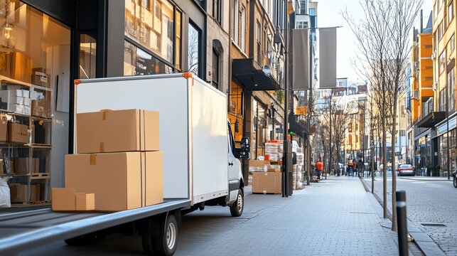 Rental truck parked outside a moving and packing supply store