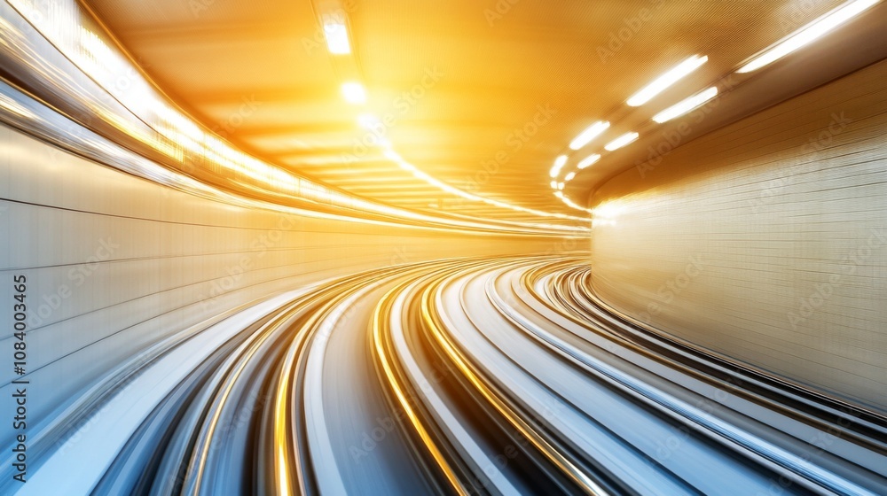 Poster abstract motion blur of a curved tunnel with bright lights and warm hues creating a dynamic visual e