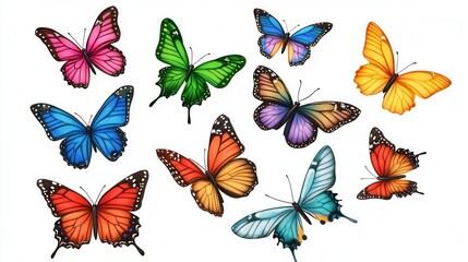 Vibrant Collection of Ten Colorful Butterflies Isolated on White Background - Perfect for Design and Print