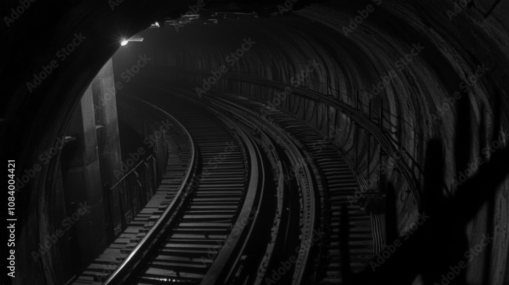 Aufkleber Dark and Mysterious Underground Tunnel with Curved Tracks, Evoking a Sense of Depth and Isolation in a Monochromatic Setting with Soft Light and Shadows