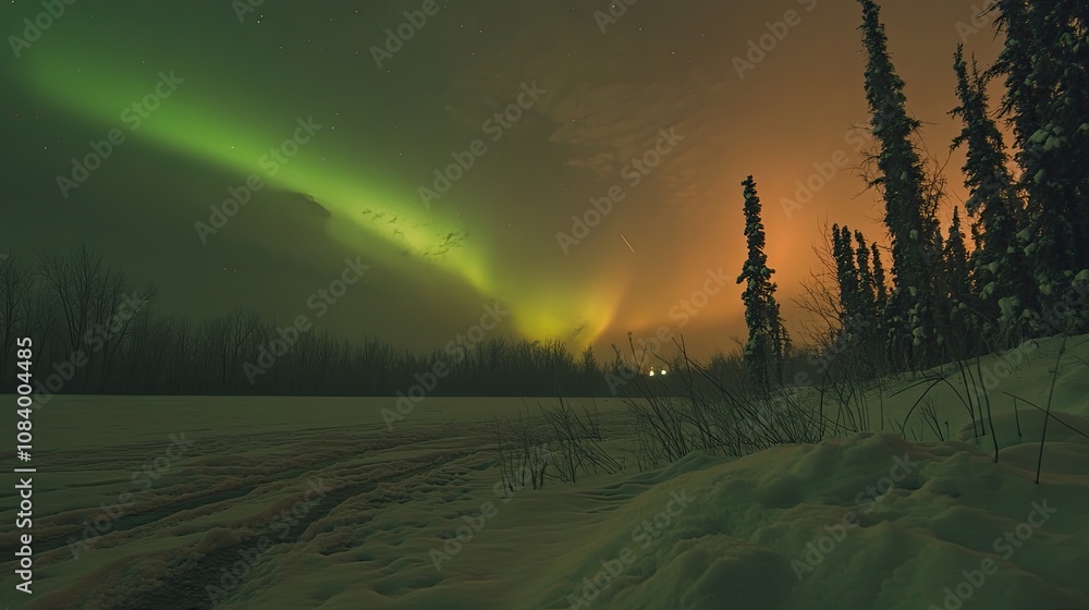 Poster here's a possible and keyword list for your stock photo.. aurora borealis over snowy landscape at ni