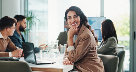 Business woman, portrait and laptop in meeting with website research, proposal and planning at...