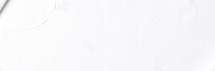 Fototapeta premium A crumpled white paper with wrinkled edges hangs as a poster, creating a textured and vintage look, white paper, grunge, space