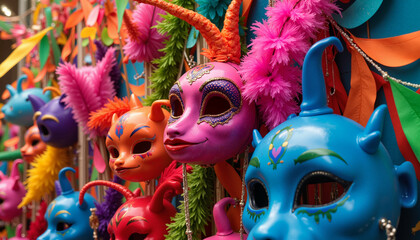 Obraz premium Brightly colored decorative masks displayed for a festive carnival atmosphere