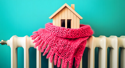 Figurine of a house wrapped in a pink scarf on a white electric radiator on a shiny background with space for tex