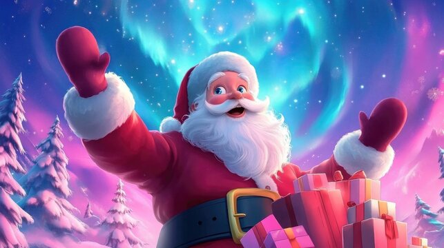 Jolly santa claus with gift boxes under enchanting northern lights