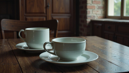 Fototapeta premium Two white cups on saucers with a wooden table and rustic kitchen background