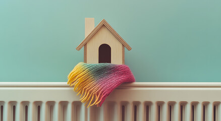 Figurine of a house wrapped in a pink scarf on a white electric radiator on a shiny background with space for tex