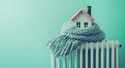 Figurine of a house wrapped in a pink scarf on a white electric radiator on a shiny background with space for tex