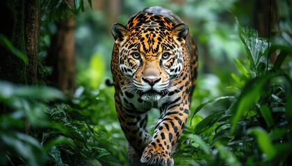 Obraz premium A close-up shot of a jaguar walking through the dense jungle, its focused eyes.