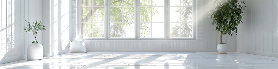 Fototapeta premium Scandinavian style, white room with window, summer landscape, home design, copy space, 3D rendering.