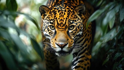 Fototapeta premium A close-up shot of a jaguar walking through the dense jungle, its majestic presence and striking features 