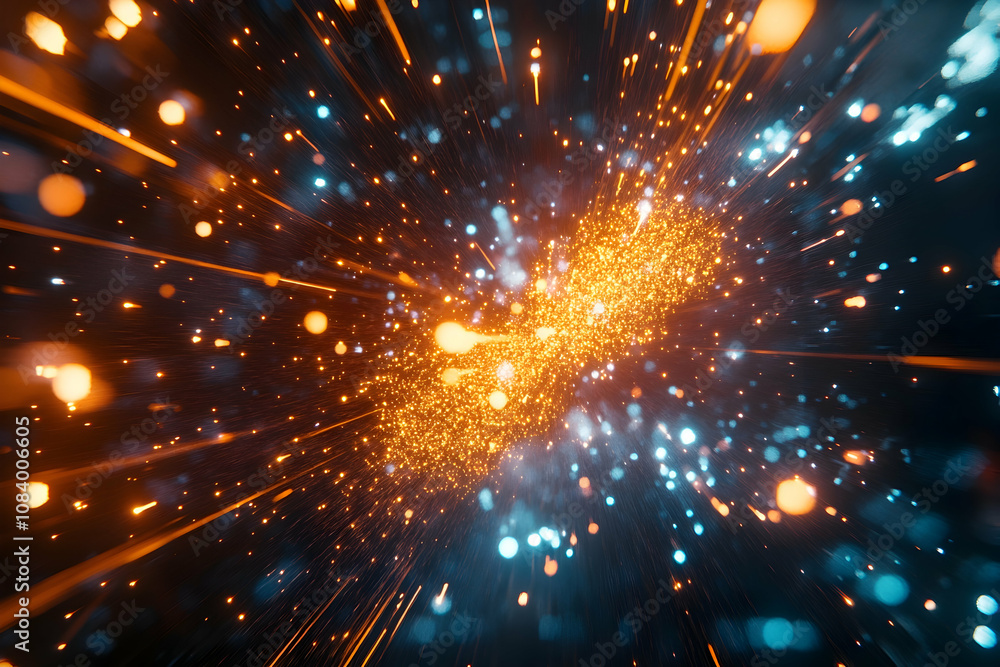 Poster abstract neon light streaks with glowing particles and motion blur in dynamic composition