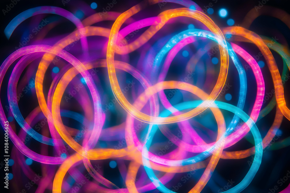 Poster abstract neon light streaks with glowing particles and motion blur in dynamic composition