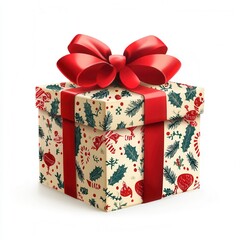 Festive Christmas Gift Box with Red Ribbon and Holiday Pattern 3D Render Isolated on White Background