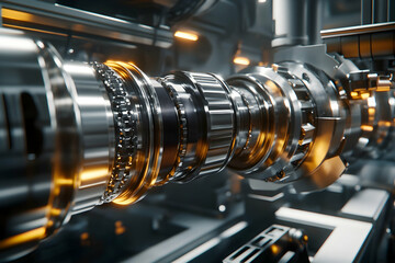 Fototapeta premium Polished steel shaft machined in industrial lathe with cinematic lighting and sharp focus