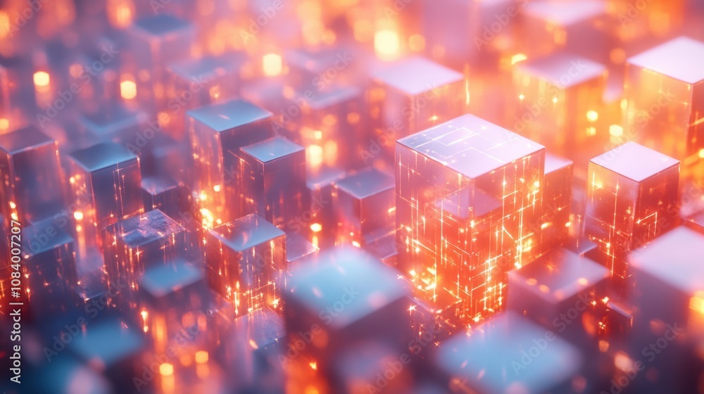Poster abstract metallic cubes in 3d, with shiny surfaces and soft lighting, creating a futuristic backgrou