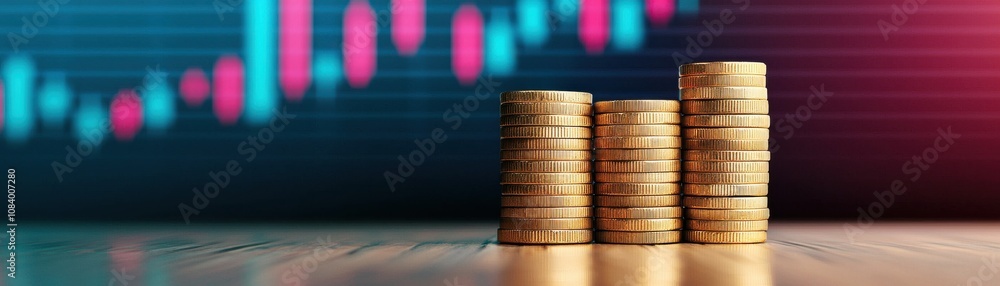 Poster a stack of golden coins is displayed against a vibrant background with graphical elements representi