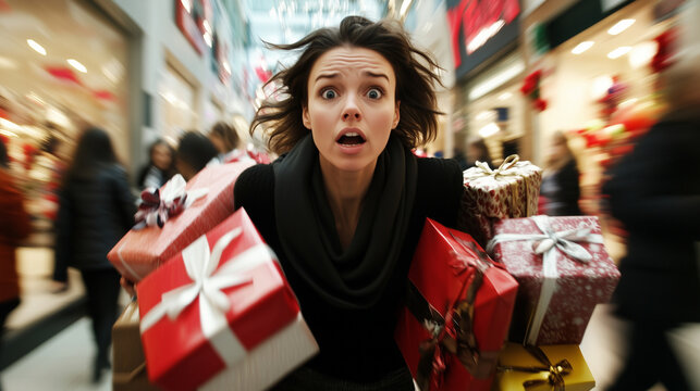 A stressed woman struggling to carry a large pile of Christmas gifts through a busy shopping mall, dodging shoppers and holiday displays.