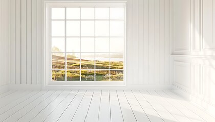 Fototapeta premium Scandinavian style, white room, window with summer landscape, minimalist design, copy space, 3D rendering.