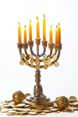 Fototapeta premium Illuminated Menorah with Burning Candles and Golden Coins A Symbolic Image of Hanukkah, Wealth, and Tradition