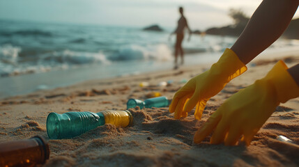 Obraz premium Hands picking plastic bottles on beach with waves and blurred cleanup scene in the background