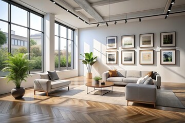 Naklejka premium Modern Gallery Interior with Bright Living Room and Empty Poster Frames for Art Display, High Depth of Field, Contemporary Decor, Stylish Ambiance, Minimalist Design