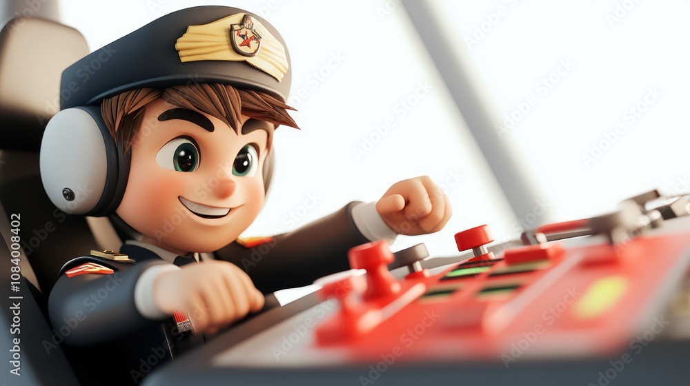 Aufkleber A cheerful animated pilot operating a colorful control panel in a cockpit.