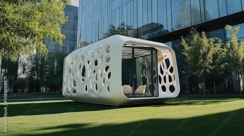 Poster here's a possible and keyword list for your stock photo.. modern white outdoor structure with organi
