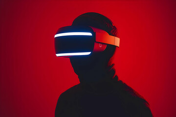 Illustration - Virtual Reality Headset, Red Background, Silhouette