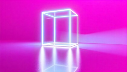 3d neon pink cube with copy space