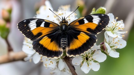 Obraz premium Close up of a colorful butterfly perched on a white blossom, showcasing nature's beauty