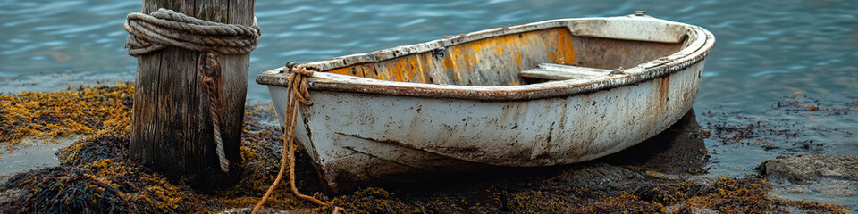 Fototapeta premium A small rowboat, nestled against the shore, next to a weathered wooden dock post and a frayed rope.