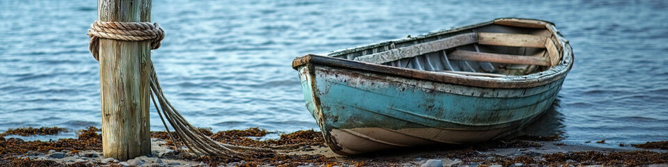 Obraz premium A small rowboat, nestled against the shore, next to a weathered wooden dock post and a frayed rope.