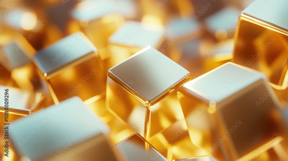 Poster abstract metallic cubes in 3d, with shiny surfaces and soft lighting, creating a futuristic backgrou