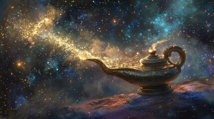 Magical Aladdin lamp with sparkling mist under starry night sky