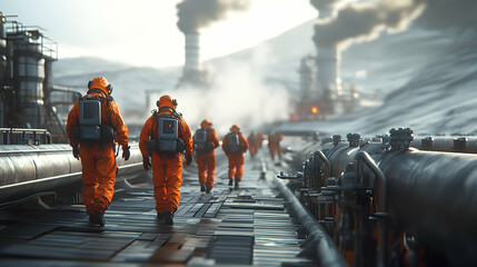 Obraz premium Workers in safety suits walking near industrial pipes with steam and moody lighting