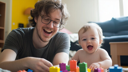 A stay-at-home dad and his baby building a tower with colorful wooden blocks, both focused and laughing in a bright, cheerful living room.