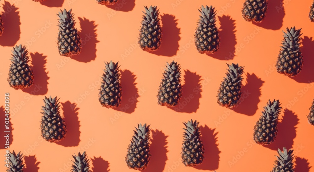 Poster A vibrant pattern of pineapples on an orange background, showcasing a playful design.