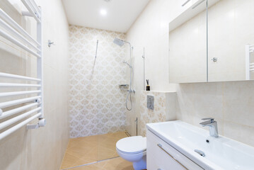 Bright Elegant Modern Luxury Scandinavian Bathroom Interior Design of Shower. LED Lights. White Heater. Shower Room. LED Light. Tiled Floor