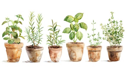 Obraz premium Watercolor illustration of herbs like rosemary, thyme, basil growing in pots on white background. Home herbarium