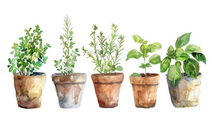 Fototapeta premium Watercolor illustration of herbs like rosemary, thyme, basil growing in pots on white background. Home herbarium