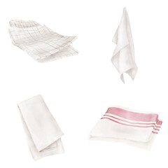 Naklejka premium Hanging napkins and folded kitchen towels, set. Watercolor digital illustration. Cotton white towels, linen napkins and tablecloth isolated on white background. For cleaning, kitchen and food theme