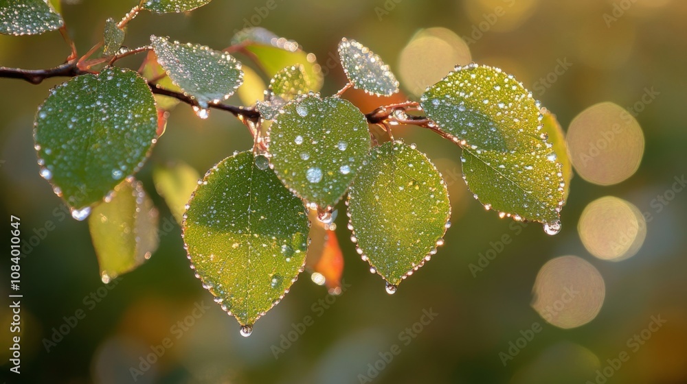 Poster close-up view of dew-draped green leaves glimmering in morning light with a dreamy bokeh background,