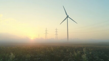 Obraz premium Serene Landscape of a Wind Turbine at Sunrise Surrounded by Fog and Electrical Towers Under a Beautiful Soft Light in the Early Morning Hours